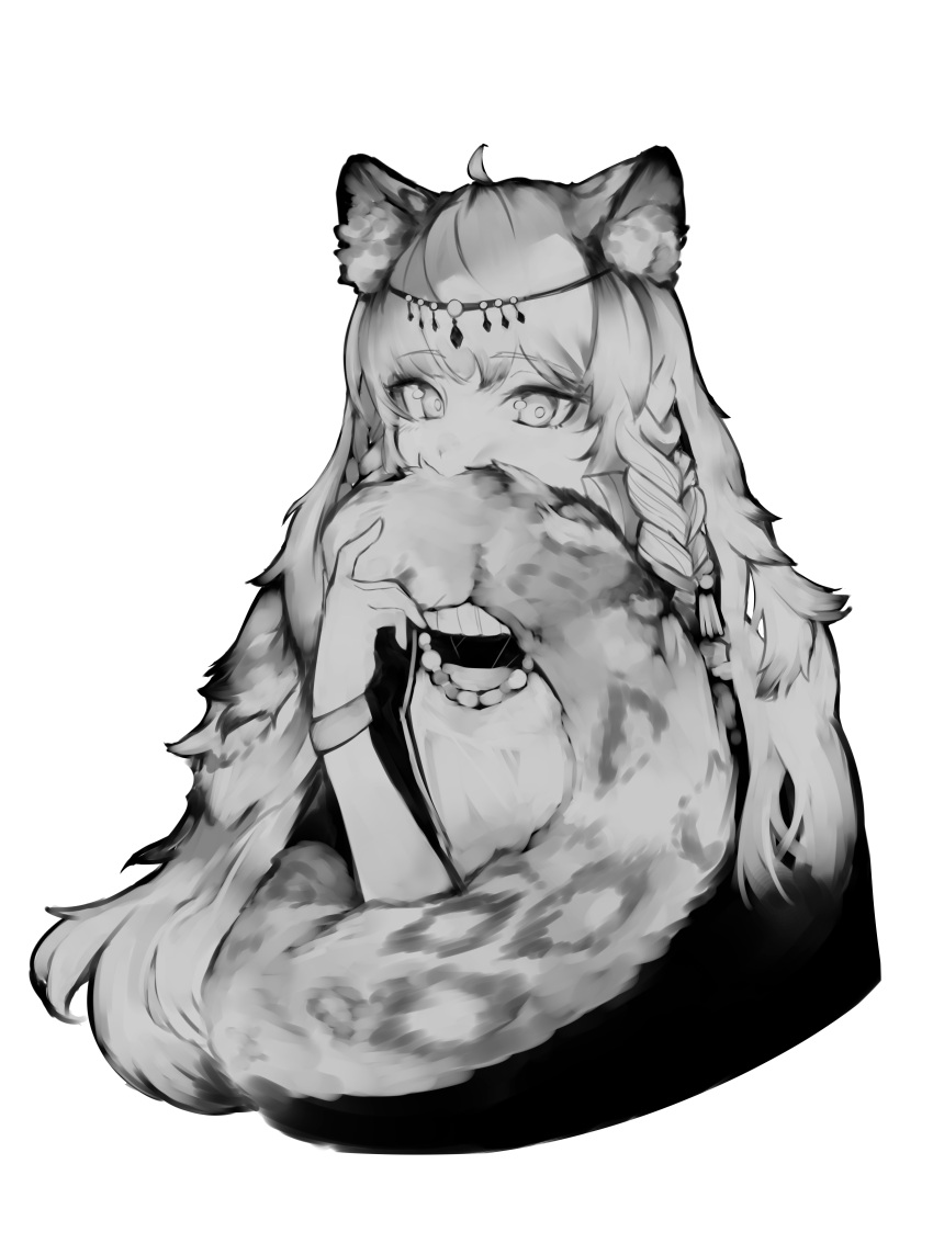 absurdres animal_ear_fluff animal_ears arknights bead_necklace beads black_cape braid cape cat_ears commentary covering_own_mouth dress female greyscale head_chain highres holding_own_tail jewelry leopard_ears leopard_girl leopard_tail long_hair looking_at_viewer monochrome necklace pramanix_(arknights) side_braids solo spotted_tail tail tail_on_face turtleneck turtleneck_dress upper_body vantsuki wristband