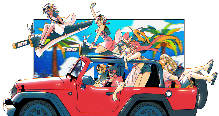 3boys 4girls bag beach bow candy car clover commentary_request dark-skinned_female dark_skin dizzy_(guilty_gear) dong_hole dress elphelt_valentine eyepatch family floating_hair flower food four-leaf_clover glasses guilty_gear guilty_gear_strive halo hat hat_bow hat_ribbon headband highres huge_weapon jack-o'_valentine jeep_(company) jeep_wrangler ky_kiske large_hat lollipop mother_and_daughter motor_vehicle multiple_boys multiple_girls ocean palm_tree ramlethal_valentine ribbon sand short_hair short_shorts shorts siblings sin_kiske sisters slippers sol_badguy spiked_halo sun_hat sundress sword tree twintails vacation vehicle_focus weapon yellow_bow yellow_ribbon