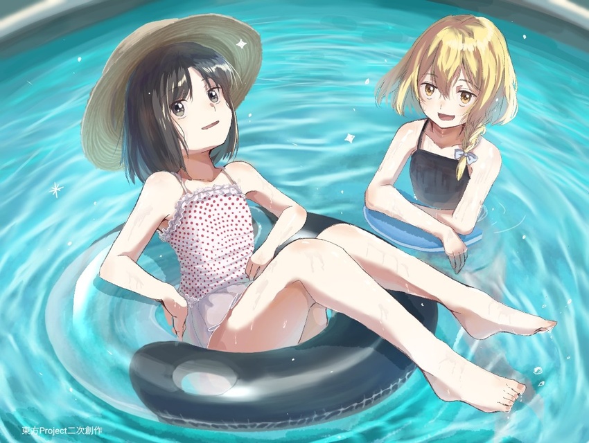 2girls bangs black_clothes blonde_hair bow brown_eyes brown_hair eyebrows_visible_through_hair hair_between_eyes hakurei_reimu hand_on_hip hat inflatable_circle kirisame_marisa looking_at_viewer matsukuzu md5_mismatch multiple_girls open_mouth short_hair short_twintails smile touhou twintails water white_bow white_clothes yellow_eyes