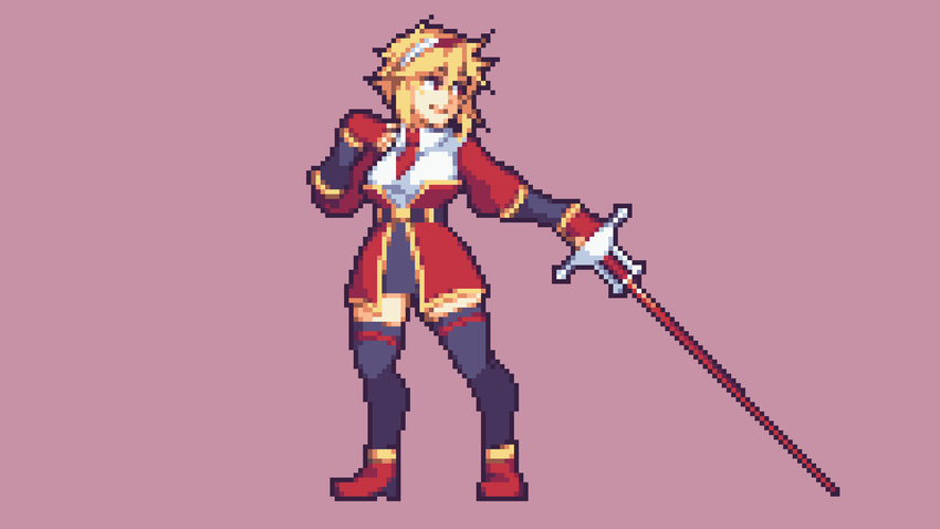 bad_id bad_twitter_id blonde_hair breasts buskhusker commentary english_commentary female full_body hairband hand_on_own_chest highres isabelle_(buskhusker) looking_to_the_side necktie original pixel_art rapier red_eyes red_footwear red_sleeves skirt smile solo sword thighhighs weapon