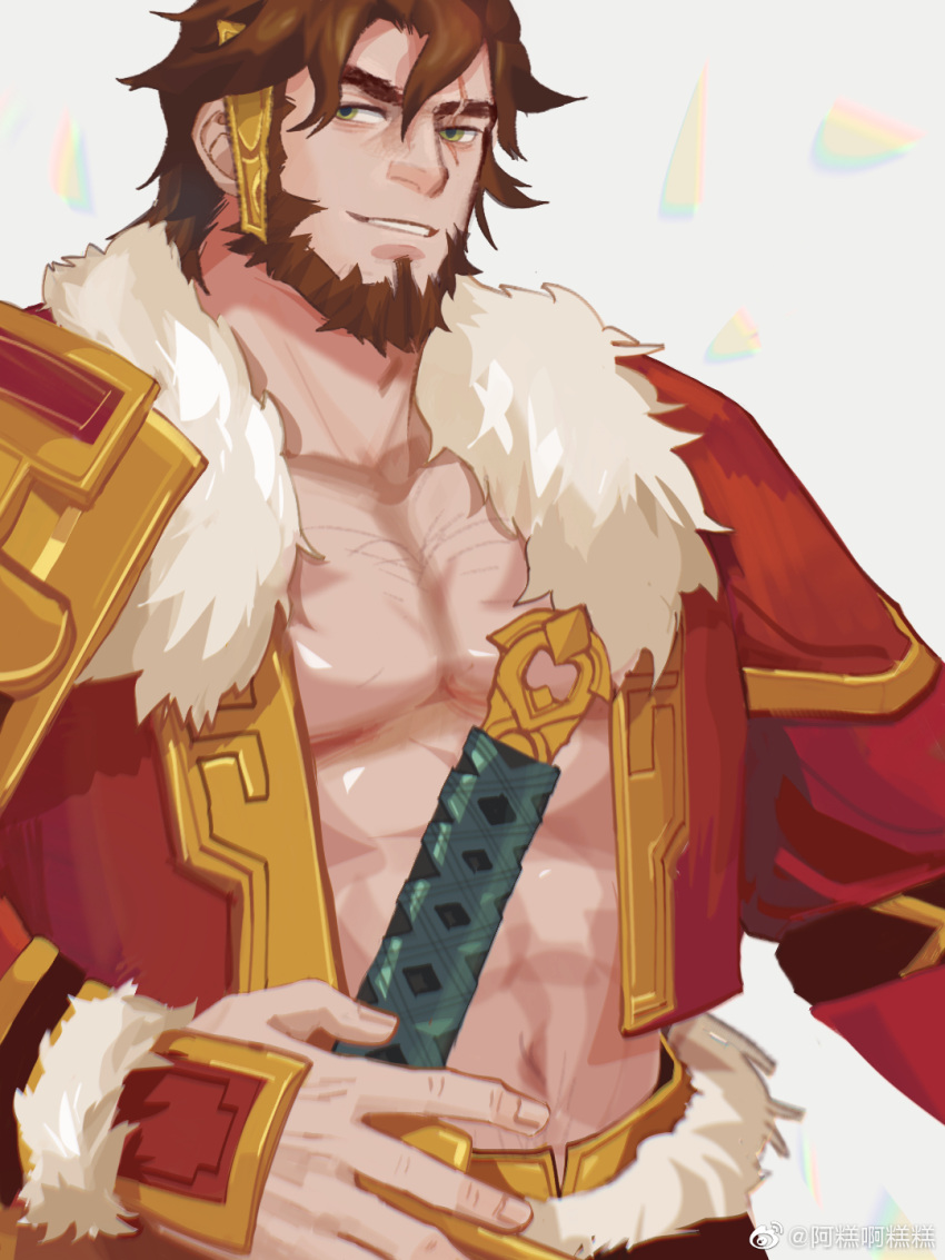 1boy abs amaimochi bad_id bad_weibo_id bara beard brown_hair character_request copyright_request eyebrow_cut facial_hair fur-trimmed_jacket fur_trim highres jacket male_focus mature_male muscular muscular_male open_clothes open_jacket pectoral_cleavage pectorals sheath sheathed short_hair smile solo stomach thick_eyebrows upper_body