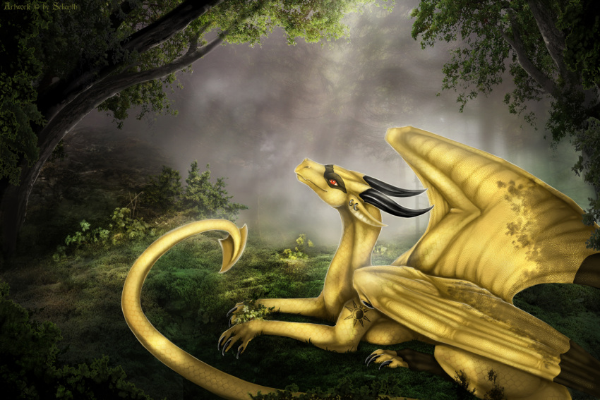 2019 3:2 ambiguous_gender black_horn claws day detailed_background digital_media_(artwork) dragon european_mythology feral forest grass horn membrane_(anatomy) membranous_wings moss mythological_creature mythological_scalie mythology outside plant red_eyes scales scalie selianth solo tail tree western_dragon wings yellow_body yellow_scales