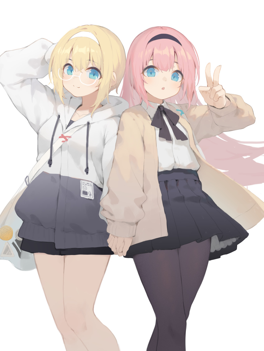 2girls absurdres arm_behind_head arm_up bag black_bow black_legwear black_skirt blonde_hair blue_eyes bow brown_jacket chinese_commentary collared_shirt commentary drawstring dress_shirt hagi_(ame_hagi) hair_between_eyes hand_up highres holding_hands hood hood_down hooded_jacket interlocked_fingers jacket long_hair long_sleeves multiple_girls official_art pantyhose pink_hair pleated_skirt puffy_long_sleeves puffy_sleeves shirt shoulder_bag simple_background skirt sleeves_past_wrists v very_long_hair warship_girls_r white_background white_jacket white_shirt z17_diether_von_roeder_(warship_girls_r) z18_hans_ludemann_(warship_girls_r)