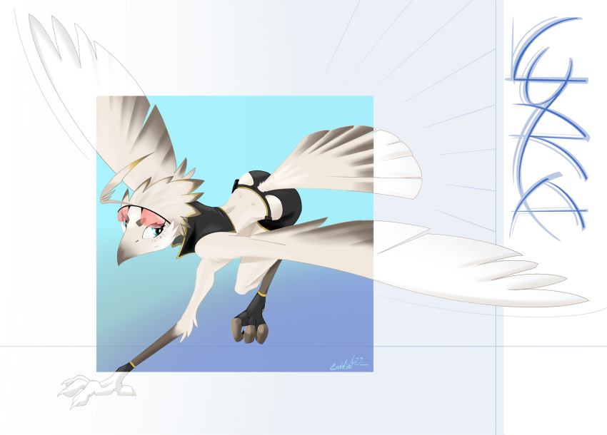 anthro avian beak bird blue_eyes clothed clothing corrvo eyelashes eyewear feathers feet female footwear freckles glasses hi_res lyra_(w4g4) potoo signature simple_background socks solo tail tail_feathers talons toes white_body winged_arms wings