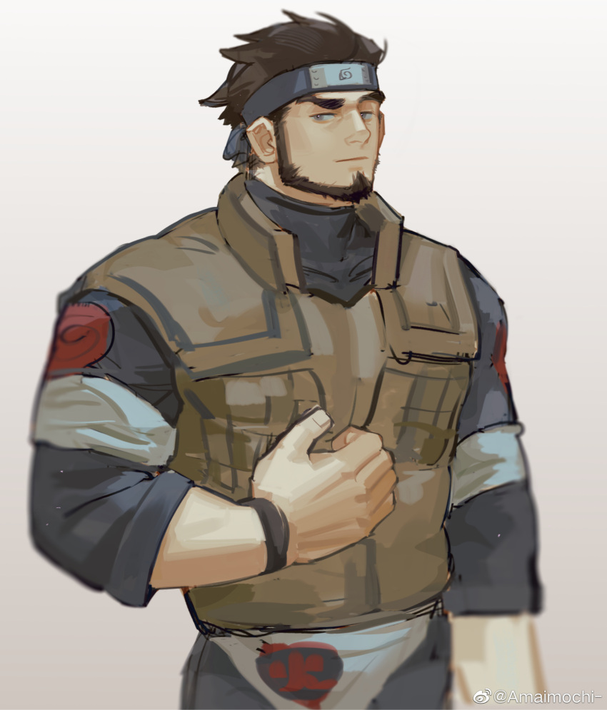 1boy absurdres amaimochi bad_id bad_weibo_id bara beard black_hair chest_hair cowboy_shot facial_hair forehead_protector highres looking_at_viewer male_focus mature_male muscular muscular_male naruto_(series) naruto_shippuuden sarutobi_asuma short_hair sleeves_rolled_up solo thick_eyebrows unfinished