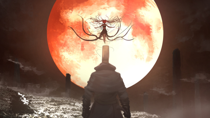 1boy absurdres bloodborne changetofantasy commentary_request duel female from_behind full_body full_moon gauntlets glowing glowing_eyes highres holding holding_weapon hunter_(bloodborne) idolmaster idolmaster_shiny_colors long_hair moon moon_presence_(bloodborne) night night_sky p-head_producer producer_(idolmaster) red_eyes red_moon scene_reference sky weapon yukoku_kiriko