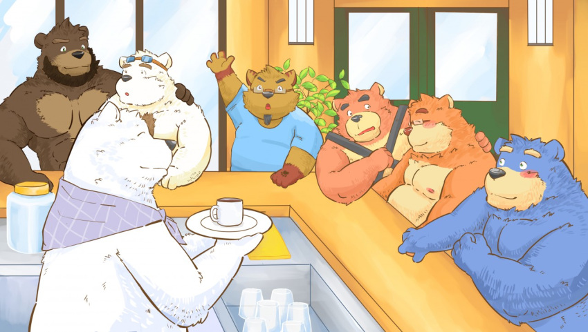 2015 andikapatok anthro bear beard black_nose blue_body blue_fur blush brown_body brown_fur detailed_background facial_hair fur group inside kemono male male/male mammal moobs nipples overweight overweight_male polar_bear shirokuma shirokuma_cafe sitting ursine white_body white_fur