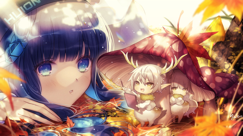 autumn blue_hair blush horns leaves long_hair original pointed_ears rinko_(mg54)