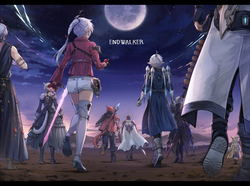 3girls 6+boys adventurer_(ff14) alisaie_leveilleur alphinaud_leveilleur ammunition_belt animal_hood armor babape boots cape cat_hood cat_tail dress elezen elf estinien_varlineau final_fantasy final_fantasy_xiv from_behind g'raha_tia highres hood hyur jacket krile_mayer_baldesion_(ff14) lalafell miqo'te moon multiple_boys multiple_girls pointy_ears red_hair staff sword tail thancred_waters thigh_boots thighhighs urianger_augurelt walking warrior_of_light_(ff14) weapon white_hair y'shtola_rhul