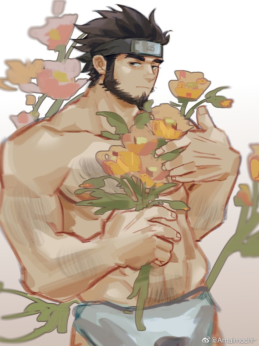 1boy amaimochi bad_id bad_weibo_id bara beard black_hair chest_hair covering_privates facial_hair floral_background flower forehead_protector highres holding holding_flower looking_at_viewer male_focus mature_male muscular muscular_male naruto_(series) naruto_shippuuden navel_hair nude_cover orange_flower pectorals sarutobi_asuma short_hair solo topless_male unfinished