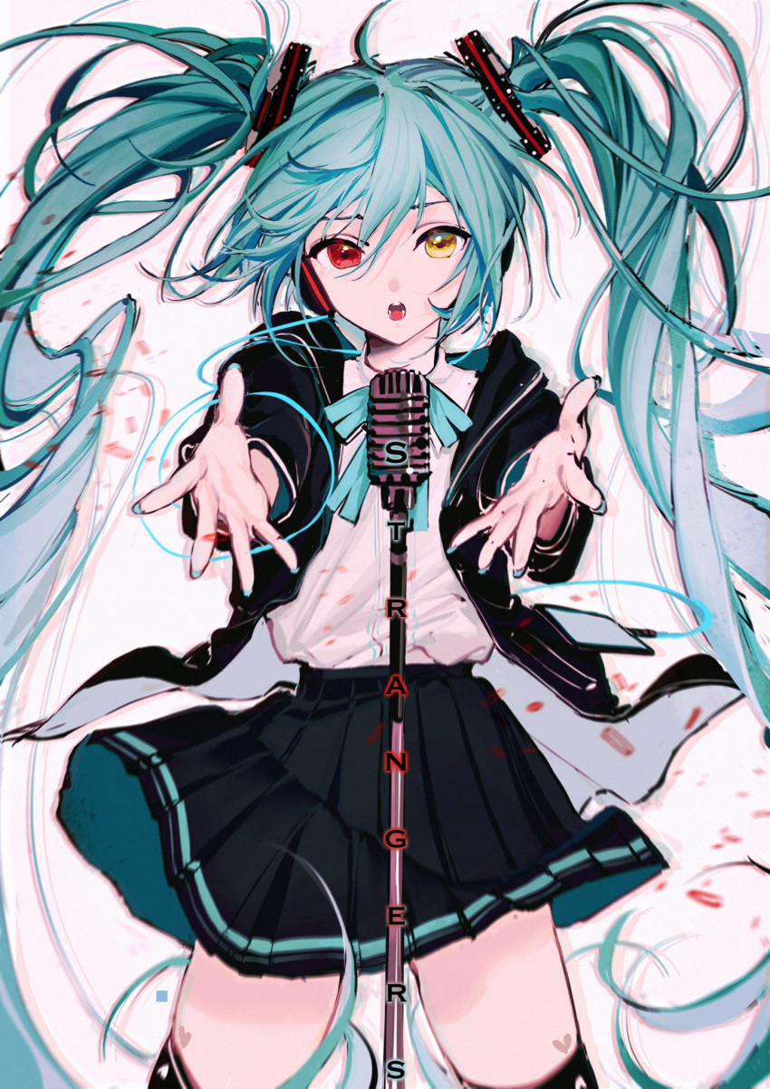 aqua_hair aqua_nails aqua_ribbon black_jacket black_skirt black_thighhighs commentary cowboy_shot english_commentary female foreshortening hair_ornament hatsune_miku headphones heart heterochromia highres hood hooded_jacket jacket long_hair looking_at_viewer microphone microphone_stand miniskirt mixed-language_commentary music nail_polish neck_ribbon nisoku_hokou_(vocaloid) open_mouth outstretched_arms pleated_skirt project_diva_(series) reaching reaching_towards_viewer red_eyes ribbon rumoon shirt silent_voice_(module) singing skirt solo song_name standing thighhighs twintails very_long_hair vintage_microphone vocaloid white_background white_shirt yellow_eyes