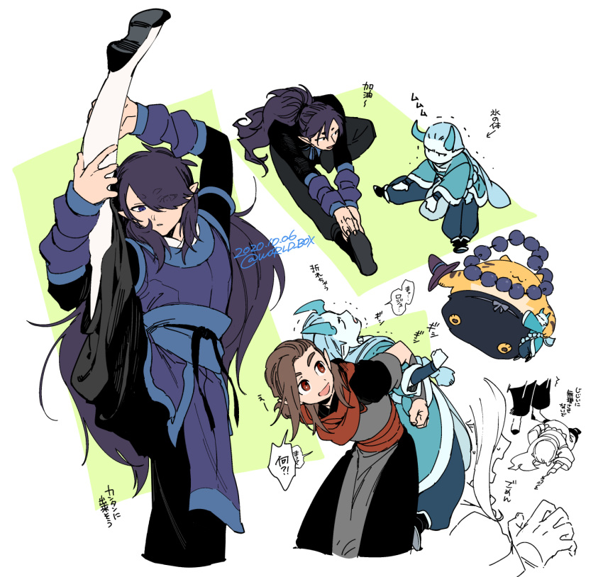 4boys aqua_hair aqua_horns brown_hair commentary_request fengxi_(the_legend_of_luoxiaohei) hair_over_one_eye highres horns jewelry long_hair luo_xiaohei_zhanji luozhu_(the_legend_of_luoxiaohei) multiple_boys necklace pointy_ears purple_hair red_eyes split standing standing_on_one_leg standing_split stretching tianhu_(the_legend_of_luoxiaohei) very_long_hair vox xuhuai_(the_legend_of_luoxiaohei)