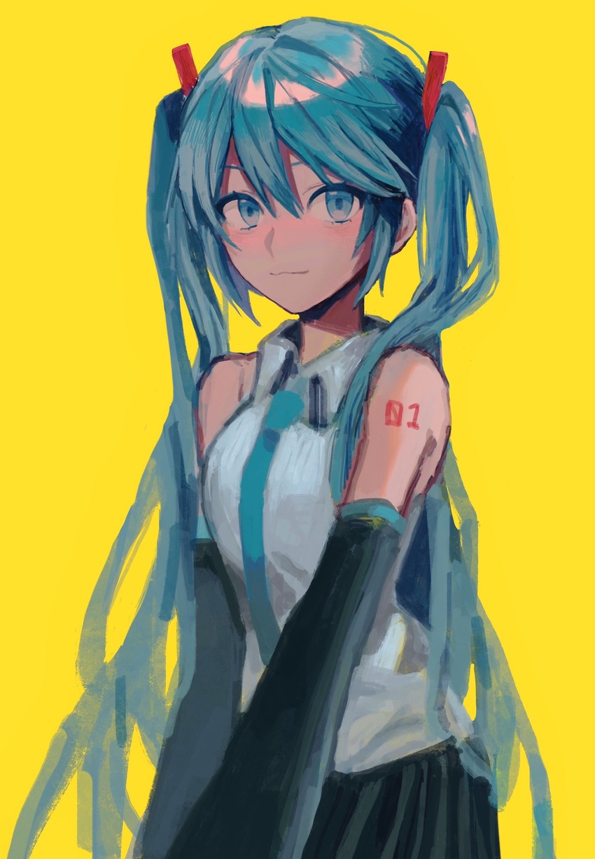 :3 aqua_eyes aqua_hair aqua_necktie bare_shoulders black_skirt black_sleeves commentary detached_sleeves female grey_shirt hair_ornament hatsune_miku highres kineta long_hair looking_at_viewer necktie pleated_skirt shirt shoulder_tattoo skirt sleeveless sleeveless_shirt smile solo tattoo twintails upper_body very_long_hair vocaloid yellow_background