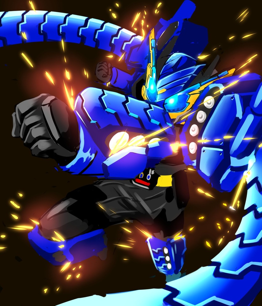 armor black_background black_bodysuit black_footwear black_gloves blue_armor blue_eyes bodysuit boots clenched_hands fullfull_bottle gloves highres kamen_rider kamen_rider_build kamen_rider_build_(series) male_focus military military_vehicle motor_vehicle sparks sugaaru_(kusyunkun) tank tank+tank_form tank_turret thighs