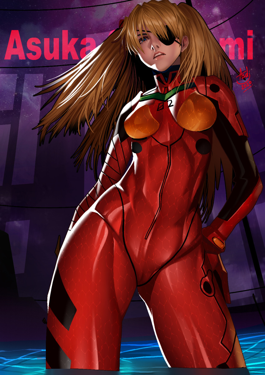 asdj blue_eyes bodysuit breasts cameltoe character_name clip_studio_paint_(medium) commentary covered_navel evangelion:_3.0_you_can_(not)_redo eyepatch female highres legs_apart long_hair neon_genesis_evangelion orange_hair pilot_suit plugsuit rebuild_of_evangelion red_bodysuit science_fiction small_breasts solo souryuu_asuka_langley standing two_side_up wading