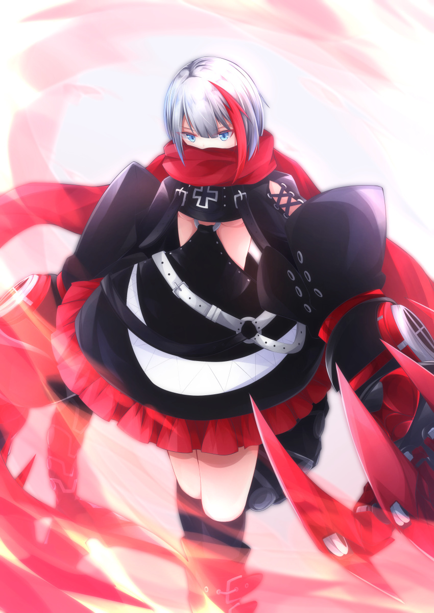 absurdres admiral_graf_spee_(azur_lane) azur_lane belt black_dress black_footwear black_socks blue_eyes boots breasts clawed_gauntlets clothing_cutout covered_mouth cross dress female frilled_dress frills highres iron_cross kneehighs looking_at_viewer mechanical_tail medium_hair multicolored_hair osatou_(soul_of_sugar) red_hair red_scarf scarf socks solo streaked_hair tail two-tone_hair underboob underboob_cutout white_belt white_hair