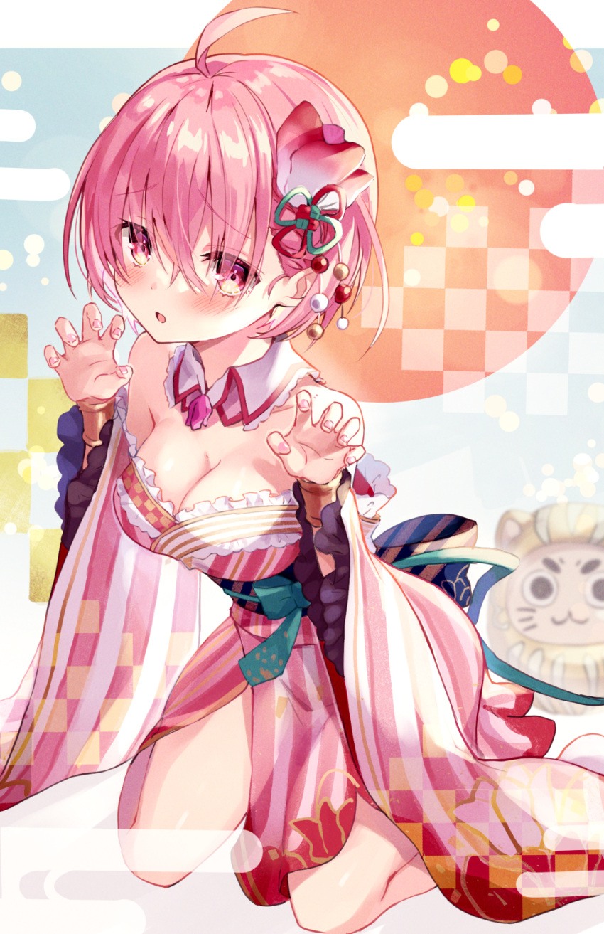 abstract_background ahoge bare_legs blue_bow bow bracelet breasts cleavage cyclamen_(flower_knight_girl) detached_collar female flower flower_knight_girl frills full_body furisode hair_flower hair_ornament hairbow highres japanese_clothes jewelry kimono kneeling looking_at_viewer medium_breasts multicolored_bow pink_eyes pink_hair piyoyanagi raised_eyebrows short_hair solo waist_bow