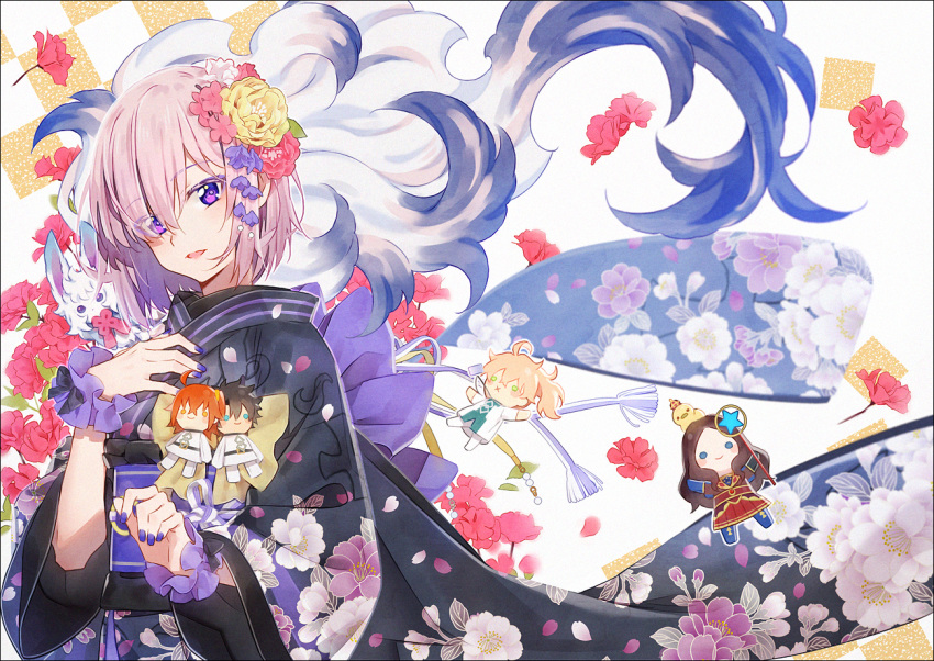 fate/grand_order fate_(series) flowers fou_(fate/grand_order) fujimaru_ritsuka_(female) fujimaru_ritsuka_(male) hakusai japanese_clothes kimono leonardo_da_vinci_(fate) mash_kyrielight petals romani_archaman