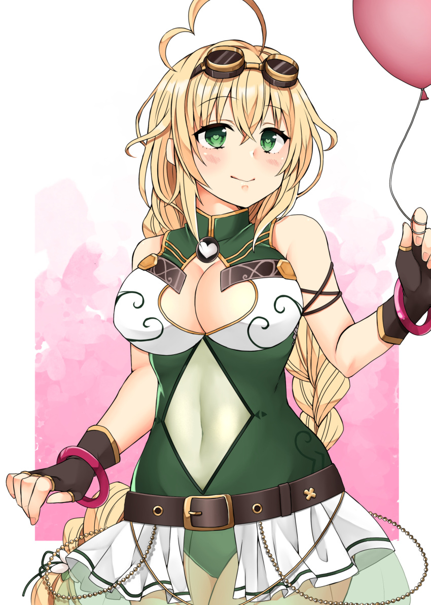 ahoge balloon balloon_vine_(flower_knight_girl) belt black_gloves blonde_hair blush bracelet braid breasts cleavage closed_mouth cowboy_shot female fingerless_gloves flower_knight_girl gloves goggles goggles_on_head green_eyes green_leotard heart heart-shaped_pupils highres holding holding_balloon jewelry large_breasts legs_together leotard long_hair looking_at_viewer miniskirt see-through skirt smile solo standing symbol-shaped_pupils takamatsu_tsukasa white_skirt