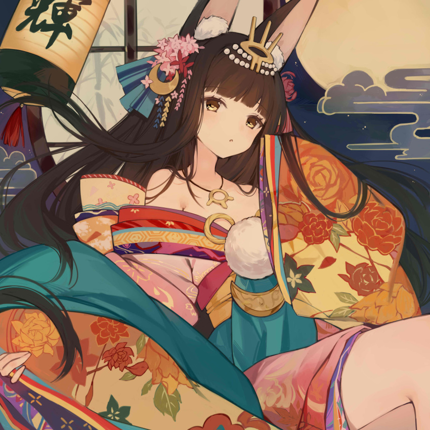 absurdres animal_ear_fluff animal_ears azur_lane brown_eyes brown_hair daichengqi female fox_ears fox_girl hair_ornament hand_up highres hime_cut japanese_clothes kimono long_hair long_sleeves looking_at_viewer nagato_(azur_lane) nagato_(guardian_fox's_shining_furisode)_(azur_lane) off_shoulder parted_lips pom_pom_(clothes) print_kimono sleeves_past_fingers sleeves_past_wrists solo