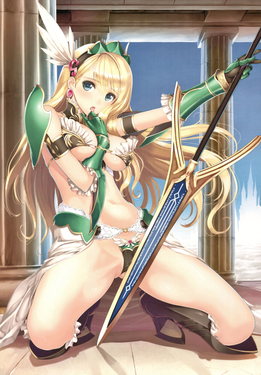 absurdres armor bikini bikini_armor bikini_warriors blonde_hair blue_eyes blush breasts c-string female frills full_body gauntlets greaves hairband highres kneeling large_breasts long_hair looking_at_viewer medium_breasts micro_bikini navel open_mouth polearm scan shiny_skin showgirl_skirt simple_background skirt solo spear strapless_bottom swimsuit thong tony_taka underboob valkyrie_(bikini_warriors) very_long_hair weapon winged_hairband