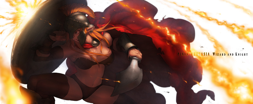 300_(movie) aspis azusa_(hws) blocking breasts cape commentary_request female fire helm helmet highres hoplite medium_breasts muscular open_mouth orange_hair pixiv_fantasia pixiv_fantasia_wizard_and_knight pointy_ears realistic shield solo sword thighhighs weapon xiphos_(sword)