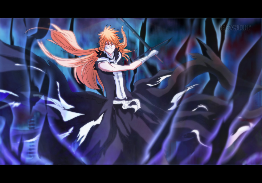 bleach kurosaki_ichigo long_hair orange_hair stance sword