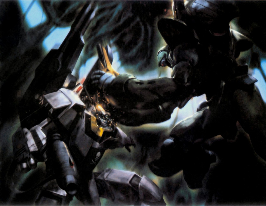 1980s_(style) alien armor battle cannon choujikuu_yousai_macross damaged flemenmik giant gun gunpod macross macross:_do_you_remember_love? mecha missile no_humans nousjadeul-ger official_art power_armor power_suit production_art punching quamzin_kravshera realistic retro_artstyle robot scan skull_and_crossbones spacecraft spoilers vf-1 vf-1_strike vf-1s weapon zentradi