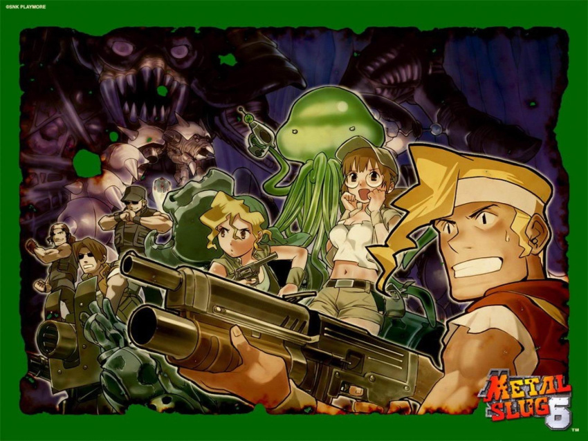 2girls 4boys alien assault_rifle baseball_cap blonde_hair brown_hair chibi clark_still crop_top energy_gun everyone fio_germi grenade_launcher gun handgun hat highres invader_(metal_slug) invader_queen_(metal_slug) kasamoto_eri marco_rossi mars_people metal_slug metal_slug_6 multiple_boys multiple_girls muscular official_art official_wallpaper ralf_jones ray_gun revolver rifle sea_worm_(metal_slug) senno_aki snk sunglasses sv001_(metal_slug) tarma_roving underbarrel_grenade_launcher weapon