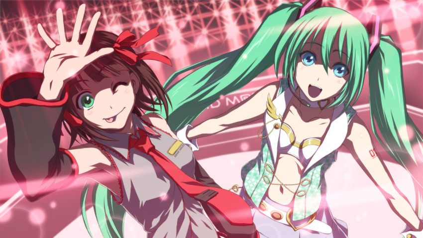 2girls :p amami_haruka aqua_eyes armpits blue_hair brown_hair commentary_request cosplay costume_switch crossover green_eyes hair_ribbon hatsune_miku idol idolmaster idolmaster_(classic) iga_tomoteru long_hair multiple_girls necktie one_eye_closed ribbon smile tongue tongue_out twintails vocaloid