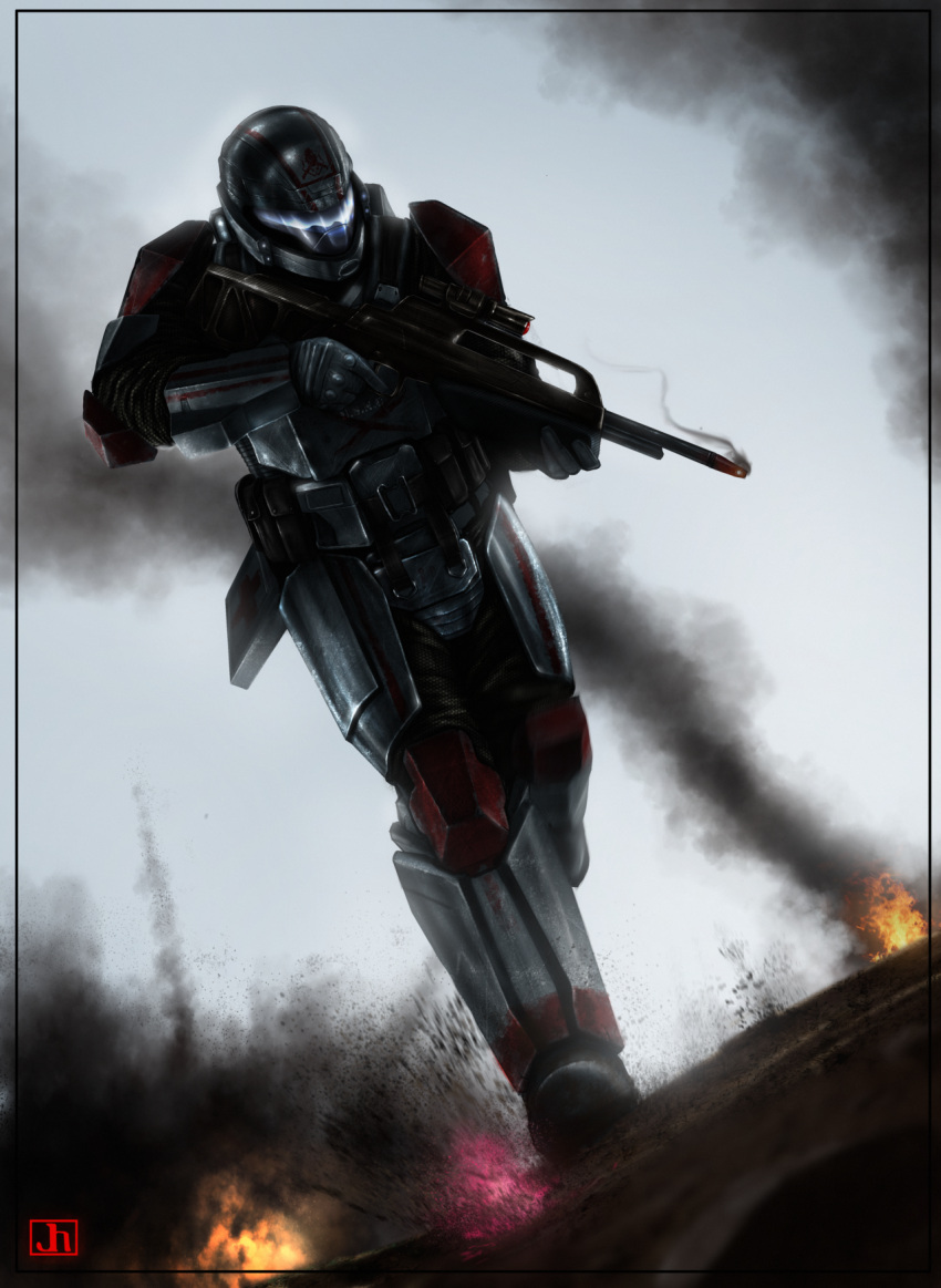 1boy armor assault_rifle assault_visor battle_rifle battlefield br55 bullpup commentary_request explosion gun halo_(series) helmet highres male_focus odst rifle sharpwriter smoke smoking_barrel solo weapon