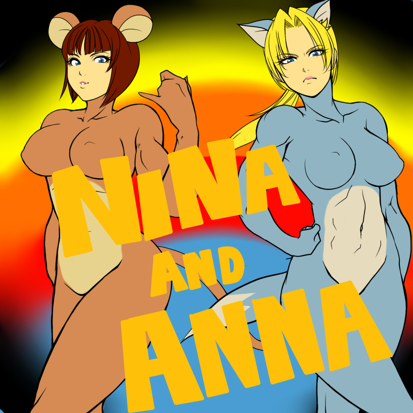 2girls animal_costume animal_ears anna_williams blonde_hair blue_eyes bob_cut breasts brown_hair cat_costume cat_ears cat_tail commentary_request english_text highres medium_breasts mouse_costume mouse_ears mouse_tail multiple_girls muscular nina_williams parody pleasure-treasure ponytail short_hair siblings sisters style_parody tail tekken tom_and_jerry