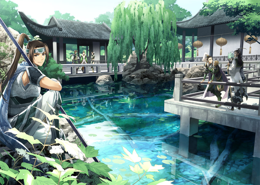 5boys architecture armor armored_boots bad_id bad_pixiv_id black_hair boots brown_hair building cape chinese_clothes east_asian_architecture feather_fan female forehead_protector fur_trim hand_fan headband high_ponytail holding holding_fan jiang_wei knee_up lantern lattice leaning_forward liu_bei liu_shan long_hair long_sleeves looking_at_viewer multiple_boys outdoors paper_lantern pauldrons plant polearm pond ponytail railing reflection rock scenery shin_sangoku_musou shoulder_armor sitting smile standing toichi_(ik07) tree tree_shade water weapon willow xing_cai zhao_yun zhuge_liang