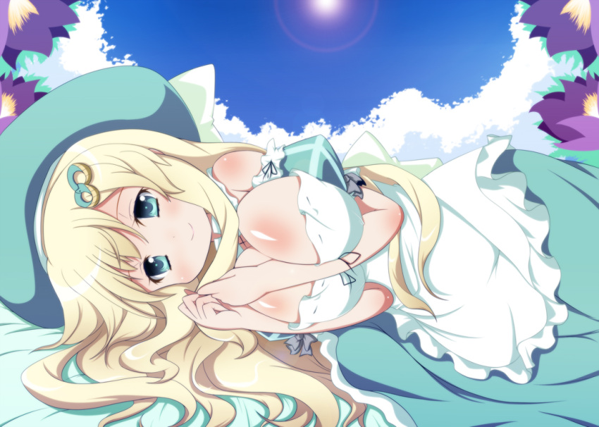 blonde_hair blush breasts cleavage dress female gloves green_eyes hair_ornament hairclip hat highres kakeru large_breasts light_smile long_hair lying oborotsuki_kakeru on_side senran_kagura senran_kagura_(series) solo yomi_(senran_kagura)