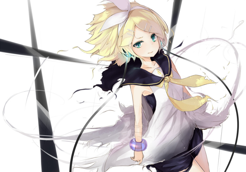 bow commentary_request female hairbow headphones kagamine_rin kojiki-life school_uniform solo vocaloid wind