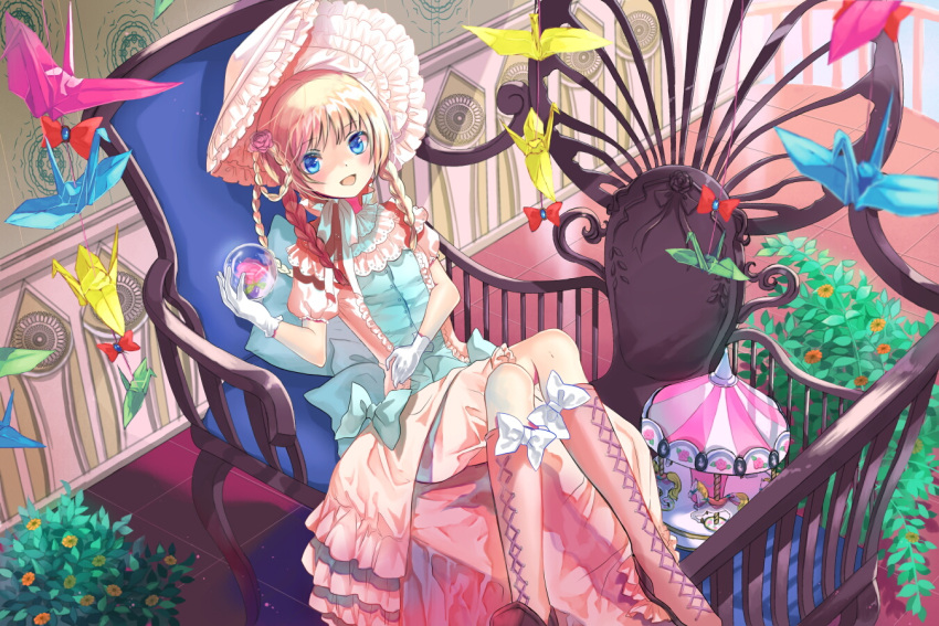 artistic_error bad_id bad_pixiv_id blonde_hair bloomers blue_eyes boots braid cross-laced_footwear dress female frills gloves hair_over_shoulder hat hayama_eishi holding leaning_back open_mouth origami original paper_crane plant potted_plant ribbon sitting solo twin_braids underwear