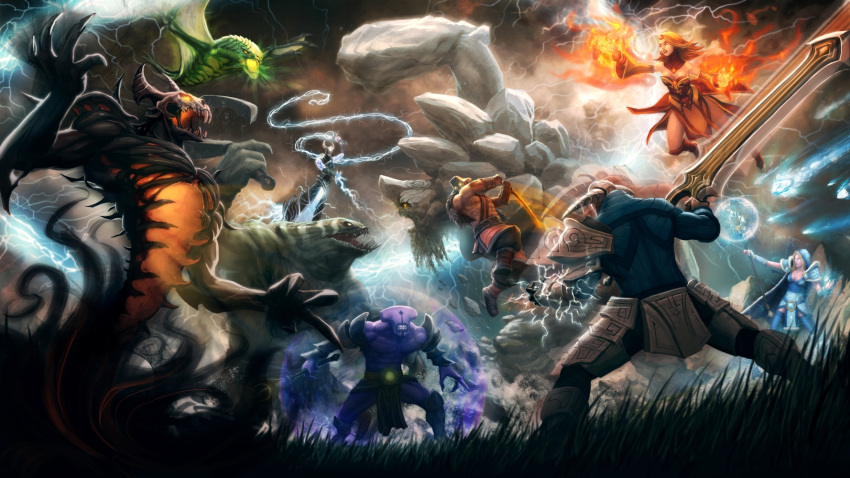 2boys 2girls abs armor battle bracelet brown_hair crystal_maiden dota_(series) dota_2 earrings electricity energy_ball faceless_void fire gloves glowing glowing_eyes grass highres holding holding_sword holding_weapon jewelry juggernaut_(dota) kunkka lightning lips lipstick magic makeup mask monster multiple_boys multiple_girls open_mouth outdoors razor rock shadow_fiend sparkle staff standing sven_(dota) sword tidehunter_(dota) viper weapon yellow_eyes