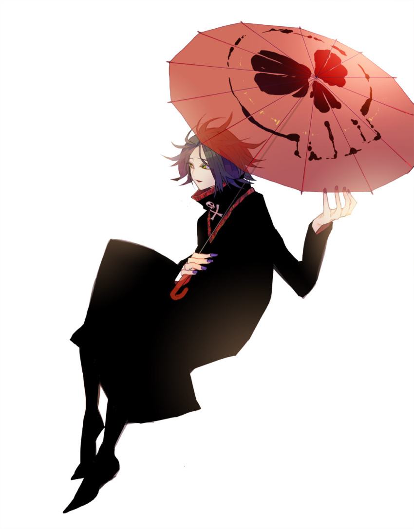 1boy androgynous bad_id bad_pixiv_id feitan_portor full_body high_collar highres hinatsu hunter_x_hunter male_focus photoshop_(medium) simple_background skull solo umbrella yellow_eyes