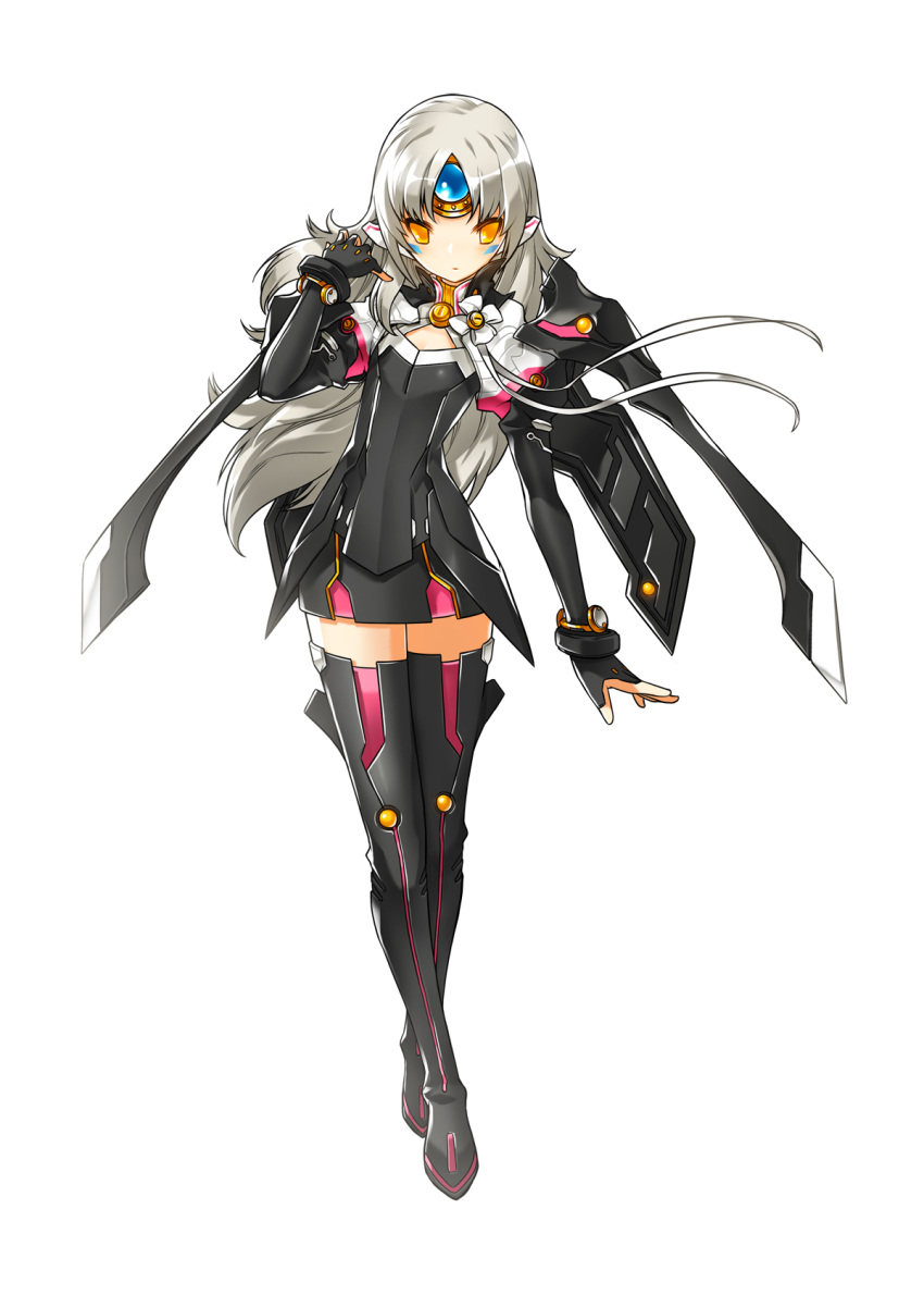 black_thighhighs boots code:_nemesis_(elsword) crossed_legs elsword eve_(elsword) expressionless facial_mark female forehead_mark full_body gem gloves highres long_hair mecha_musume no_nose official_art ress skirt solo standing tachi-e thigh_boots thighhighs watson_cross white_background white_hair yellow_eyes zettai_ryouiki