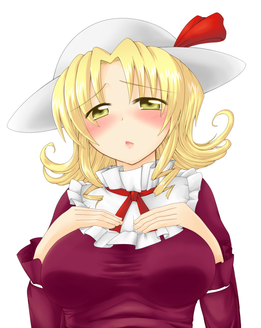 blonde_hair breasts commentary_request eitaisa elly_(touhou) female hat highres large_breasts simple_background solo touhou touhou_(pc-98) upper_body white_background