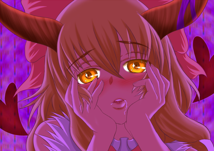 blush commentary_request cookie_(touhou) female hands_on_own_cheeks hands_on_own_face himeruri_charm horns ibuki_suika orange_eyes orange_hair parody saliva solo touhou yamin_(cookie) yandere yandere_trance