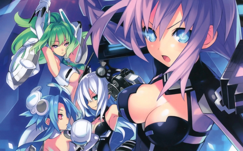 black_heart bodysuit choujigen_game_neptune cleavage compile_heart green_heart jpeg_artifacts purple_heart tsunako underboob wallpaper white_heart