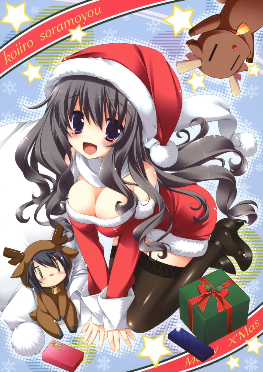 :d absurdres all_fours animal_costume bag black_hair black_legwear blue_eyes breasts chibi christmas cleavage copyright_name female gift hat high_heels highres itou_mikoto koiiro_soramoyou large_breasts long_hair long_sleeves lucie mole mole_under_eye open_mouth reindeer_costume santa_costume santa_hat shiny_clothes shiny_legwear shoes smile star_(symbol) tareme thighhighs utsumi_shizuna v_arms zettai_ryouiki |_|