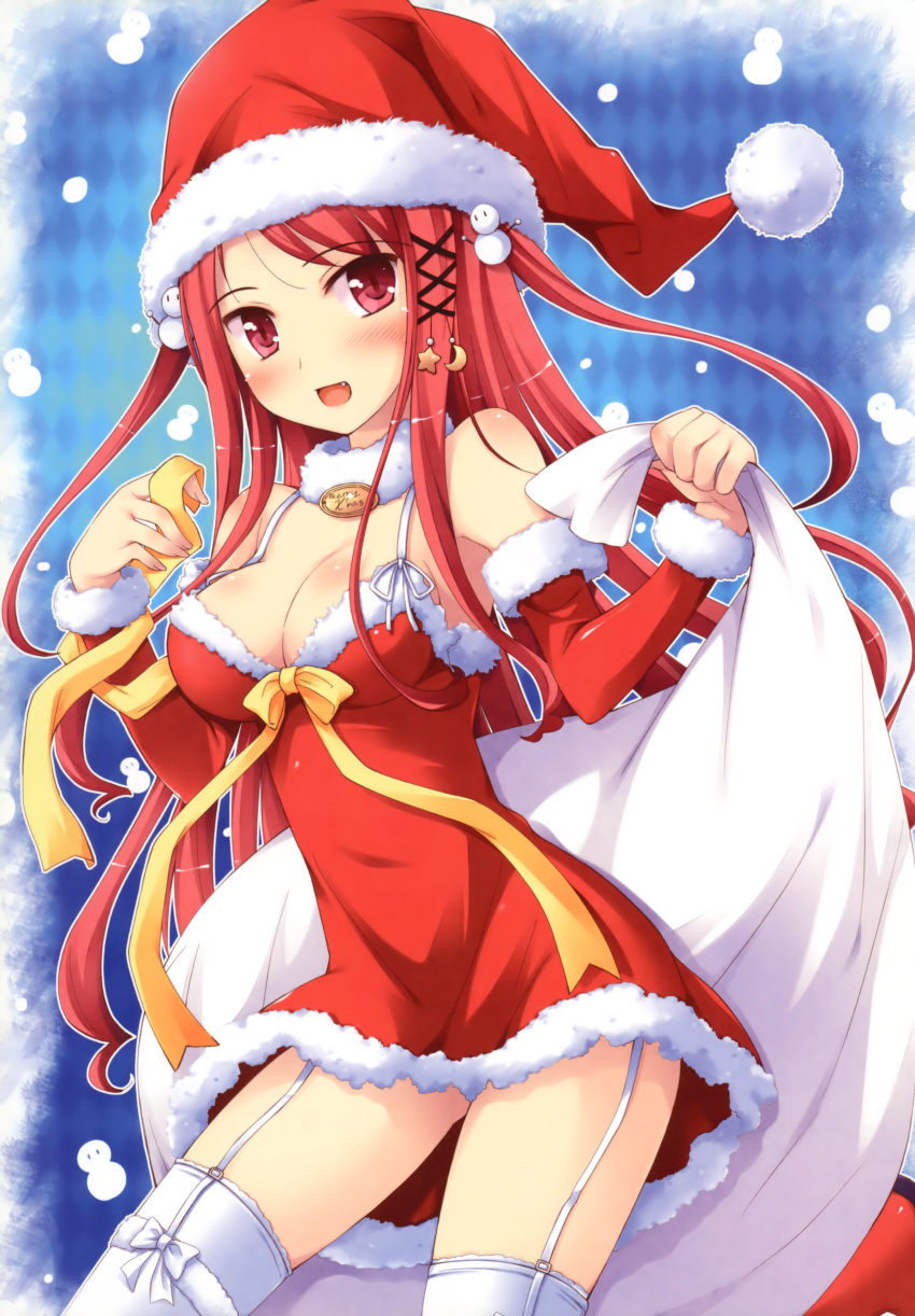 absurdres bag blush body_blush breasts christmas cleavage elbow_gloves female garter_straps gloves hat highres hinomiya_ayari ko~cha legs medium_breasts oerba_yun_fang open_mouth red_eyes red_hair santa_costume santa_hat snow solo tama_(happiness) thighhighs thighs white_thighhighs witch's_garden