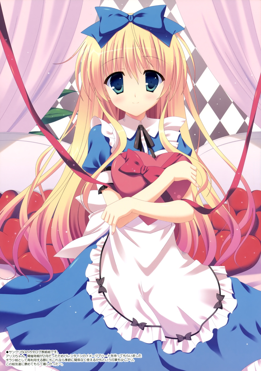 absurdres alice_(alice_in_wonderland) alice_in_wonderland argyle_background blonde_hair blue_eyes bow dress female hairbow heart highres long_hair naruse_mamoru pillow