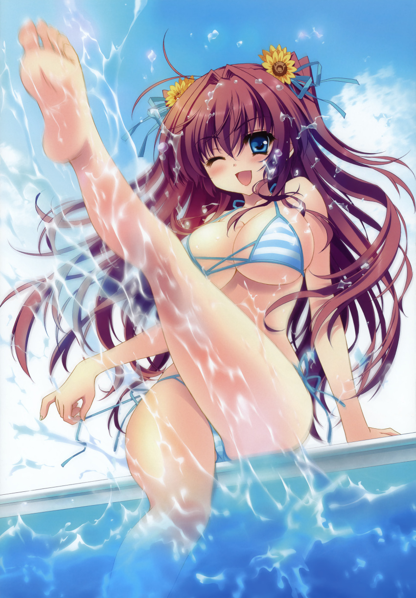 :d ;d absurdres arm_support asakura_karen barefoot bikini blue_eyes blush breasts brown_hair cleavage crease cube_(alma) daisy day dengeki_hime feet female flower hair_flower hair_intakes hair_ornament hair_ribbon happy highres kicking kimi_to_boku_to_eden_no_ringo large_breasts leg_up legs long_hair long_legs motion_blur one_eye_closed open_mouth outdoors pool ribbon scan side-tie_bikini_bottom sideboob skindentation sky smile soles splashing strap_gap striped_bikini striped_clothes sunflower swimsuit thighs two_side_up underboob water