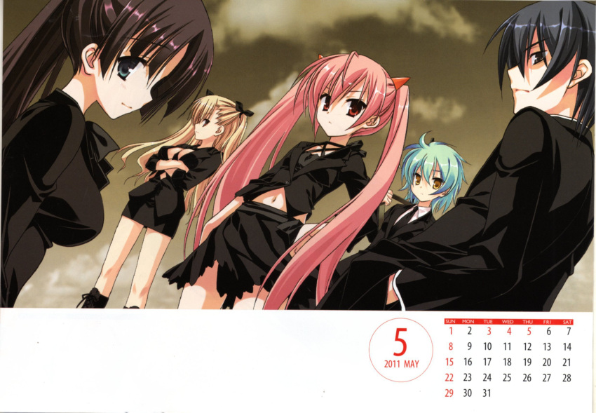 1boy 2011 4girls artist_request blonde_hair calendar_(medium) formal hair_ribbon hidan_no_aria highres hotogi_shirayuki kanzaki_h._aria long_hair mine_riko multiple_girls pink_hair red_eyes reki_(hidan_no_aria) ribbon short_hair skirt skirt_suit suit tooyama_kinji