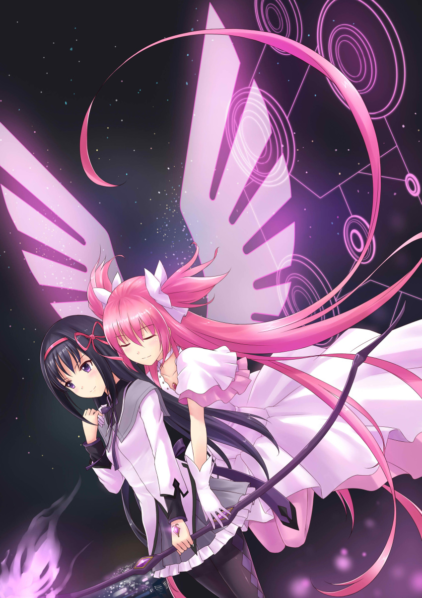 2girls absurdres akemi_homura akemi_homura_(magical_girl) black_hair bow_(weapon) closed_eyes collarbone commentary_request flying gloves highres hug hug_from_behind kaname_madoka light_smile long_hair magical_girl mahou_shoujo_madoka_magica mahou_shoujo_madoka_magica_(anime) multiple_girls pantyhose pink_hair purple_hair ribbon space spoilers ultimate_madoka very_long_hair weapon white_gloves wings yuj_(moemarket)