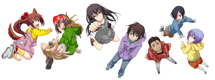 3girls 4boys aged_down animal_ears bad_id bad_pixiv_id bandana black_eyes black_hair blue_hair brown_eyes brown_hair dog_ears dress hair_over_one_eye hood hoodie kawakami_kazuko kawakami_momoyo kazama_shoichi lolicon long_hair maji_de_watashi_ni_koi_shinasai! morooka_takuya multiple_boys multiple_girls nannnann naoe_yamato open_mouth ponytail purple_eyes shiina_miyako shimazu_gakuto short_hair shorts tail