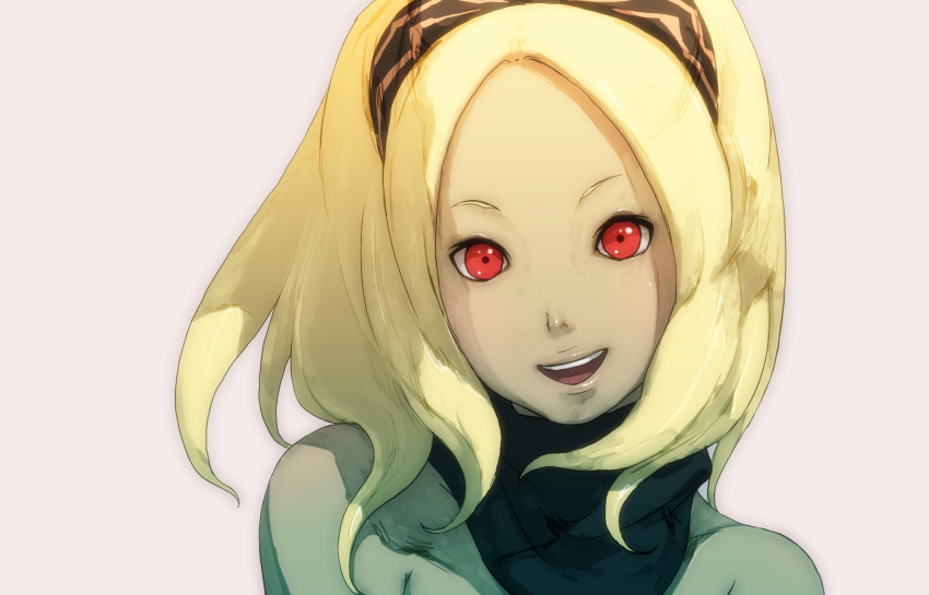 :d bare_shoulders blonde_hair collarbone dark-skinned_female dark_skin dot_pupils female forehead gravity_daze hairband happy highres kitten_(gravity_daze) lips long_hair looking_at_viewer official_art open_mouth pink_background red_eyes saitou_shunsuke scarf simple_background smile solo teeth upper_body